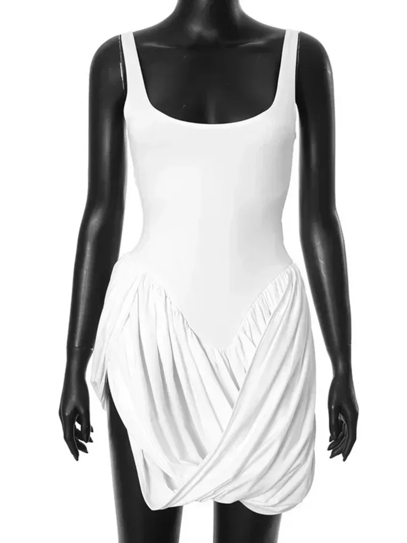 Mini abito con spacco patchwork in rete Nuovo gilet in tinta unita da donna Abito a vita alta Mini abito sottile senza maniche smock sexy TOPS LWE7