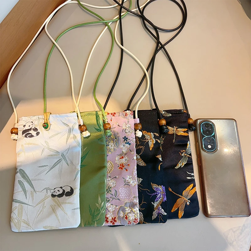 Women Chinese Style Embroidered Satin Bag Mobile Phone Pouch Small Jewelry Satin Coin Key Purse Shoulder Crossbody Bag