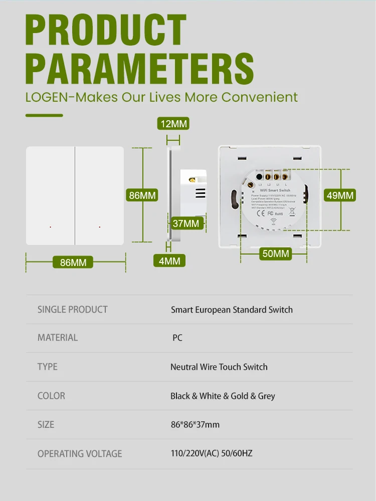 LOGEN Tuya Smart Switch Zigbee interruttore a pulsante telecomando Timer programma per luce a Led 220V EU bisogno di interruttore neutro 1Way