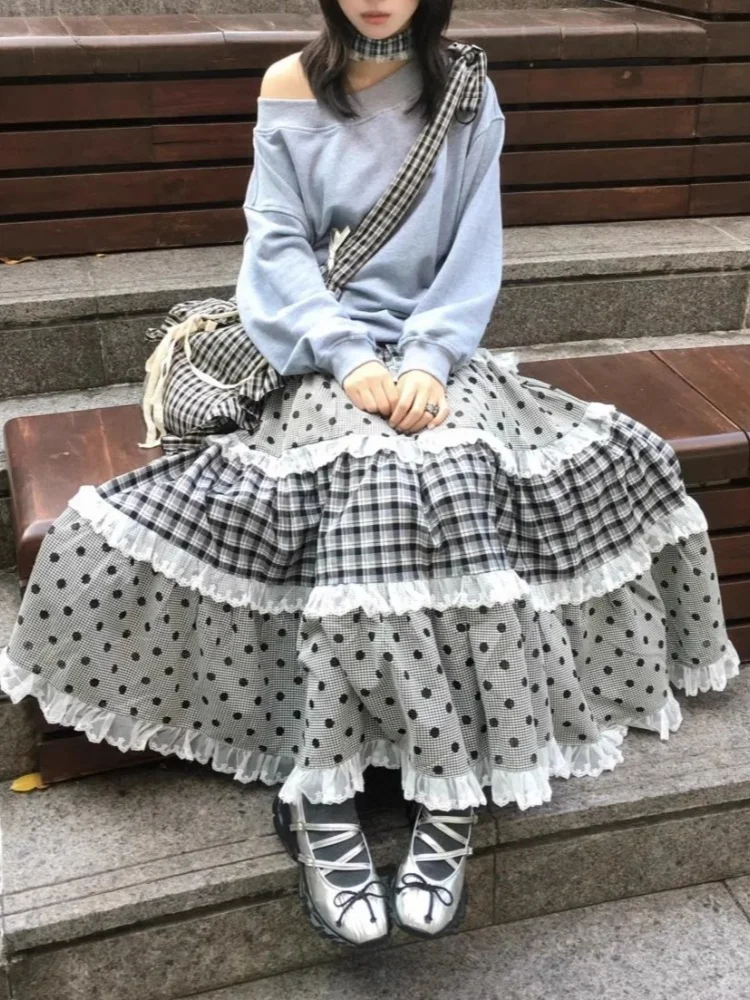Japanese Polka Dot Tiered Skirt Long Skirts White Lace Patchwork Sweet Y2k Skirt Grunge E-girls 2000s Punk Dress Kawaii Clothes