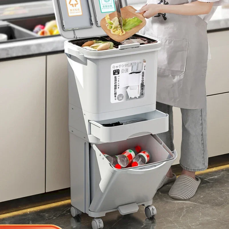 Large Capacity Kitchen Trash Can With Lid Step-on Design Hands-Free Operation Separate Compartments Household Waste Bin Bathroom