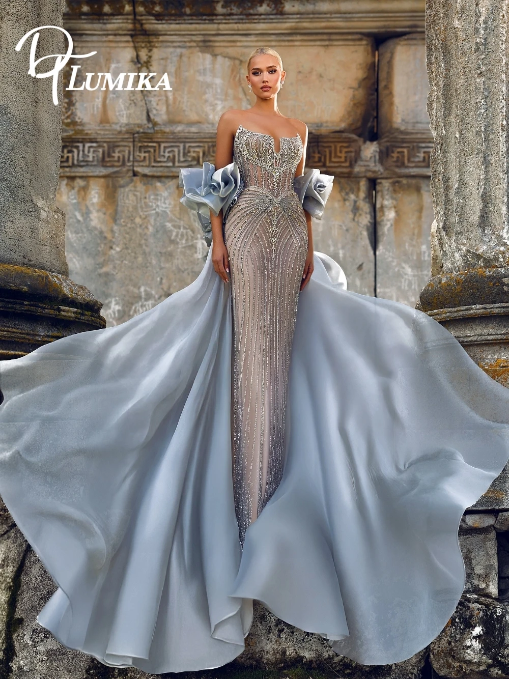 

Изысканное вечернее платье без бретелек из бисера с эффекльными рюшами на рукавах и струящимся шлейфом Формальное стильное платье для выпускного вечера по индивидуальному заказу