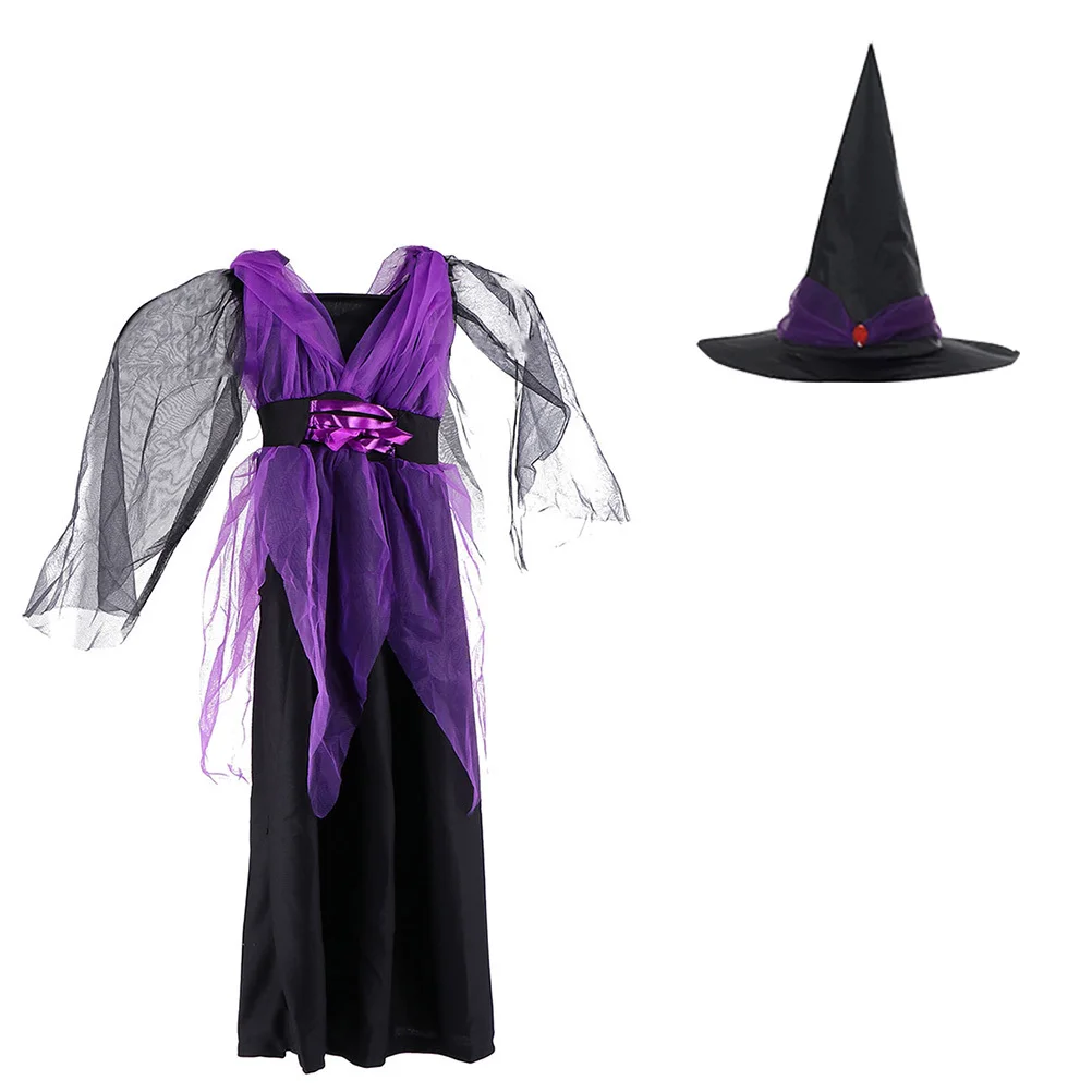 1Set Kids Halloween Witch Role Play Costume Lightweight Durable Dress Girls Cosplay Clothes Children Witch Suit Hat