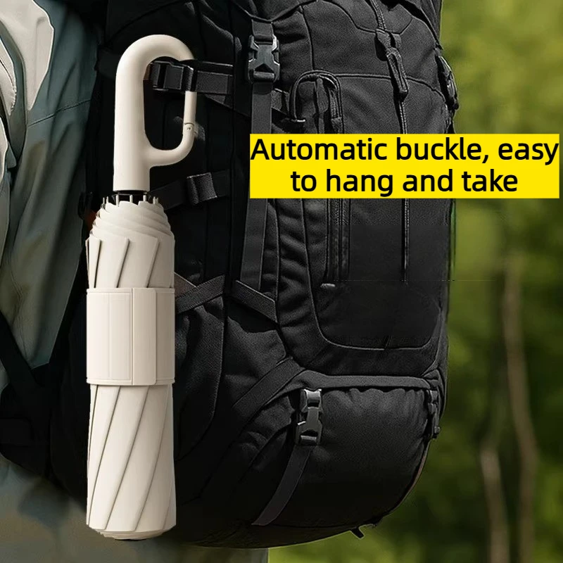 UPF50+ Auto Lock Carabiner Folding Umbrella for Backpack Quick Attach Detach Portable Outdoor Travel Umbrella