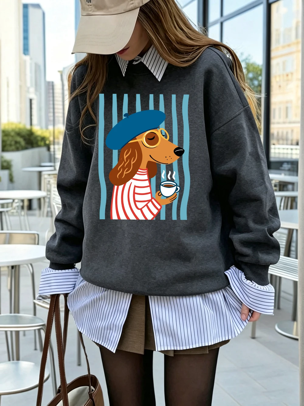 Sweatshirt mit französischer Dackel-Illustration, für Damen, lockerer, sportlicher Kapuzenpullover, Fleece, warm, Rundhalsausschnitt, Herbst, weiche Damenkleidung – Detail 20