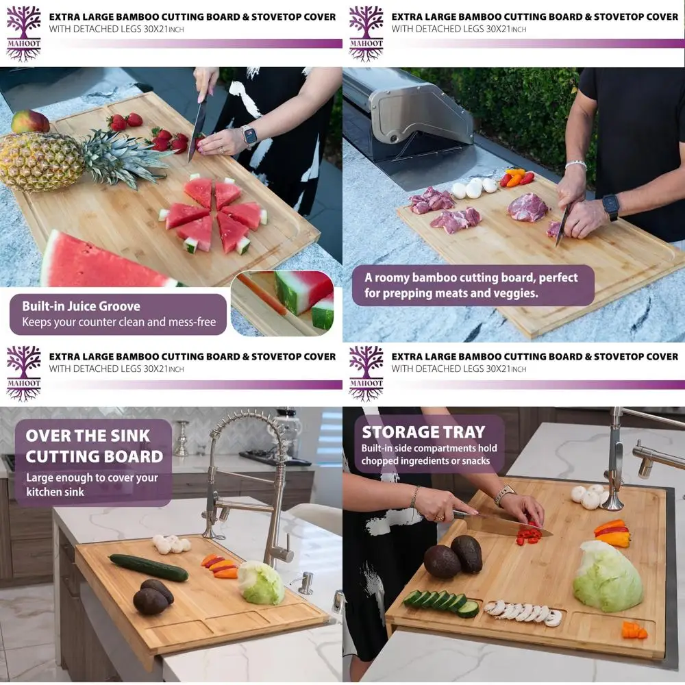 

Large Bamboo Noodle Board with Legs, Juice Groove, and Cover - Multipurpose Kitchen & Restaurant Serving Tray, 30x21 inches