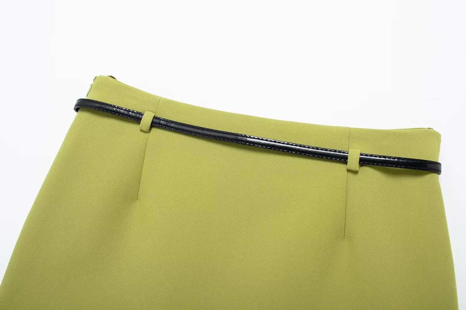 Tangada 2024 Chic Women Green Short Skirt with Belt Zipper Female Skirt BE0186