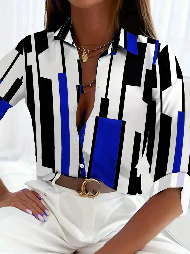 Fashion Plaid Striped Women Long Sleeve Shirts All Season D Printed Street Trend Ladies Blouse Casaul Shirt Women Clothing