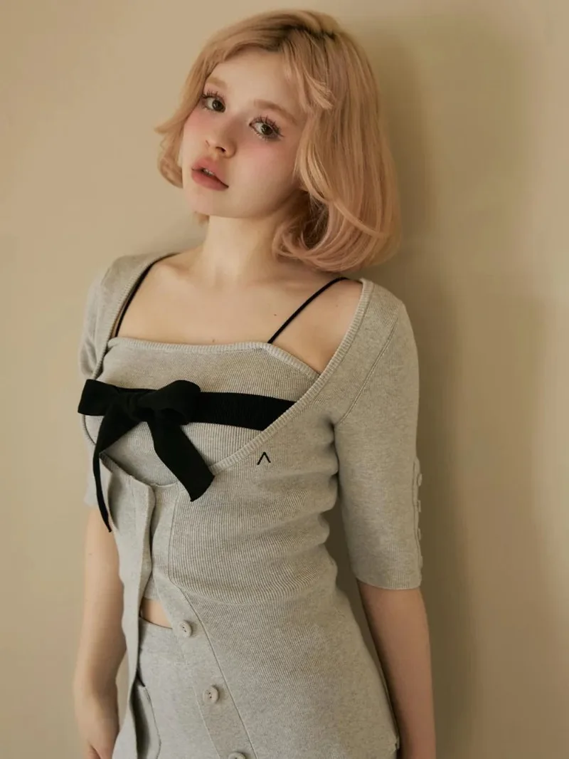 New Japanese Rojita Style Sweet Girl Bow Slim-fitting Knitted Cardigan+slings+skirt Three Pieces Set Women's Daily Wear Clothes