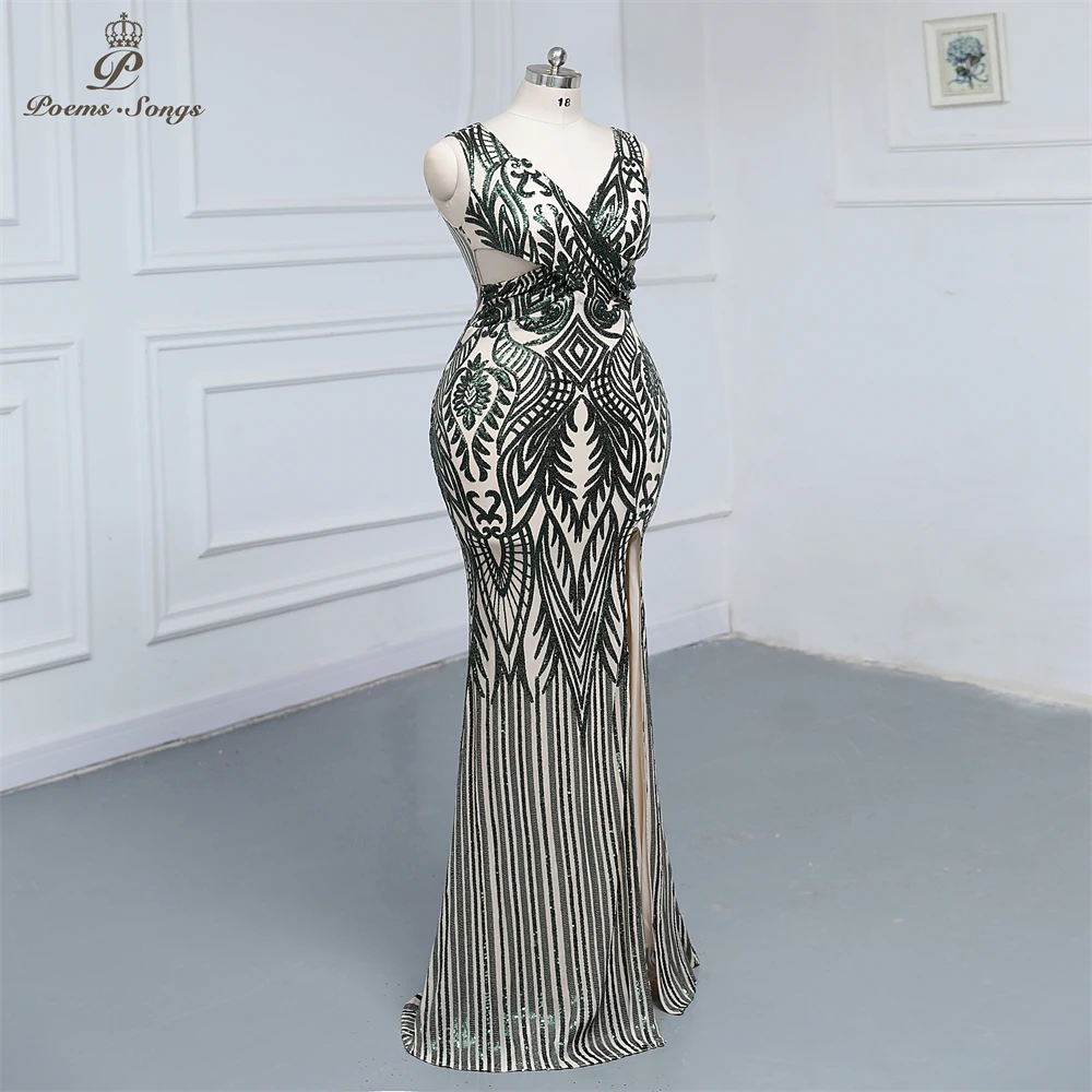 Plus size Sexy breasts sleeveless Dark green sequins Evening dress prom dress Party dress robe de soirée de mariage Maxi dress