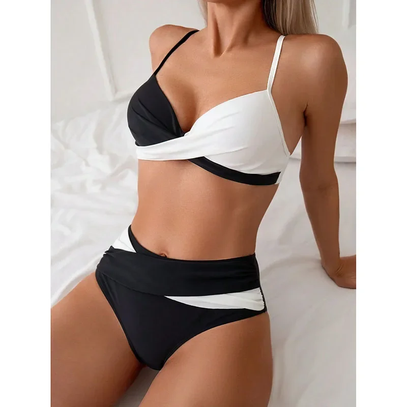 

2025 New Women Swimsuit Bikini Set Ribbed Twisted Color Block Sexy Two Piece Bathing Suit Swimwear