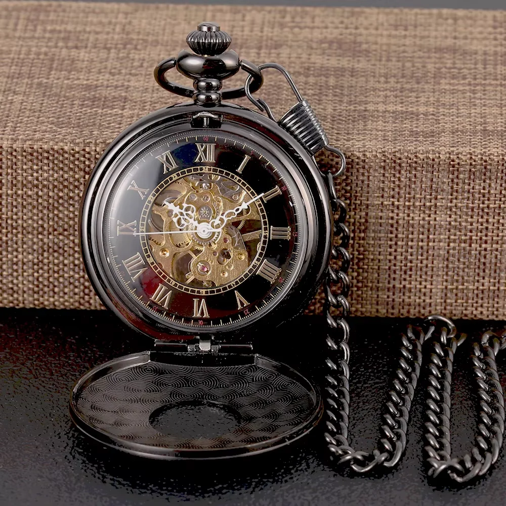 8947Carved black mechanical exquisite fashion hollow Roman scale pocket watch