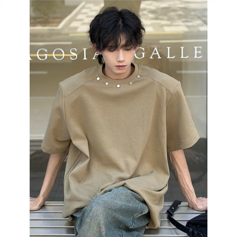 

American Retro Shoulder T-Shirt Men's Design Sense LeanFit Short Sleeve High Street Small Collar Shoulder Pad Seven Sleeve