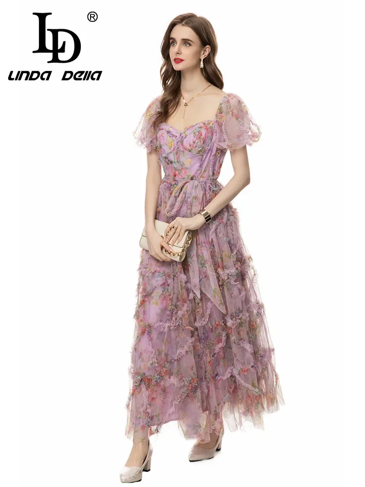 LD LINDA DELLA-Robe longue à volants, imprimé floral, dos nu, manches bouffantes