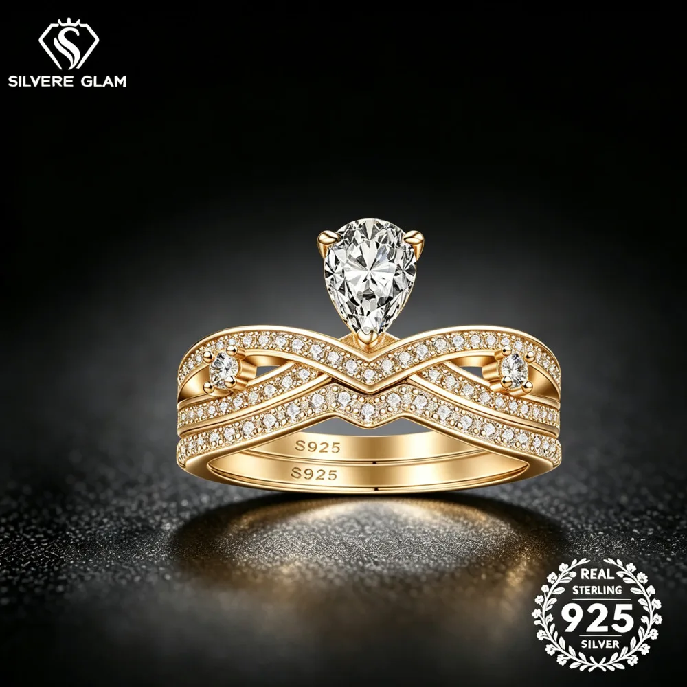 S925 Silver Pear Cut Cubic Zirconia Two Piece Twisted V Band Ring Set Romantic Stackable Engagement Fine Jewelry For Women