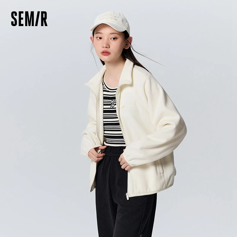 Semir Coat Women Winter Stand Collar Loose Versatile Casual Style Raglan Sleeve Polar Fleece Simple Jacket