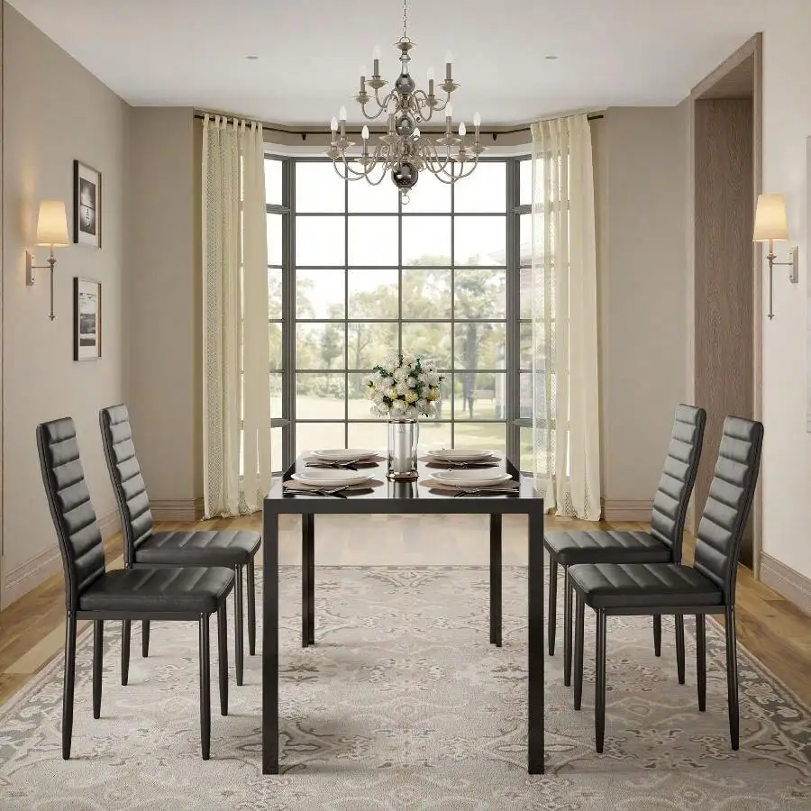 [2 Packages Shipping]Dining Table Set For 4, 5 Piece Glass Dining Table Set With Dining Chairs (Upholstered PU Chairs) And Metal Steel Frame, Modern Kitchen Dining Table And Dining Chairs For Dining Room, Home,Living Room