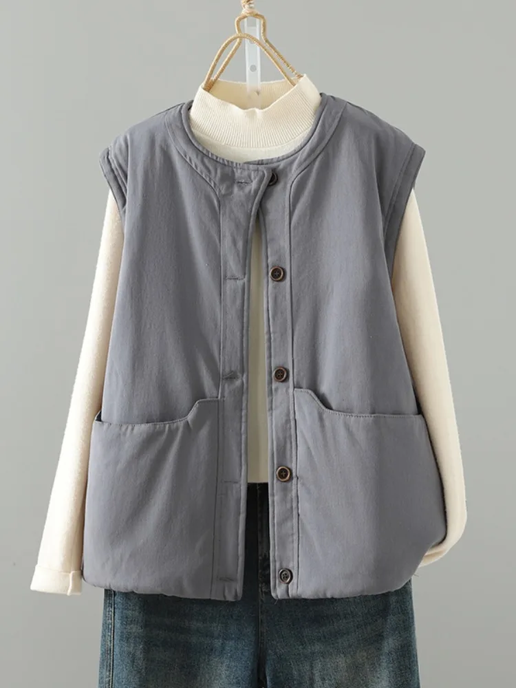 Duży Rozmiar Cienka Bawełniana Ciepła Lniana Okrągła Kamizelka Damska Zimowa Odzież Wierzchnia Warstwowa Kamizelka z Poduszkami na Ramiona Kurtka Bez Rękawów