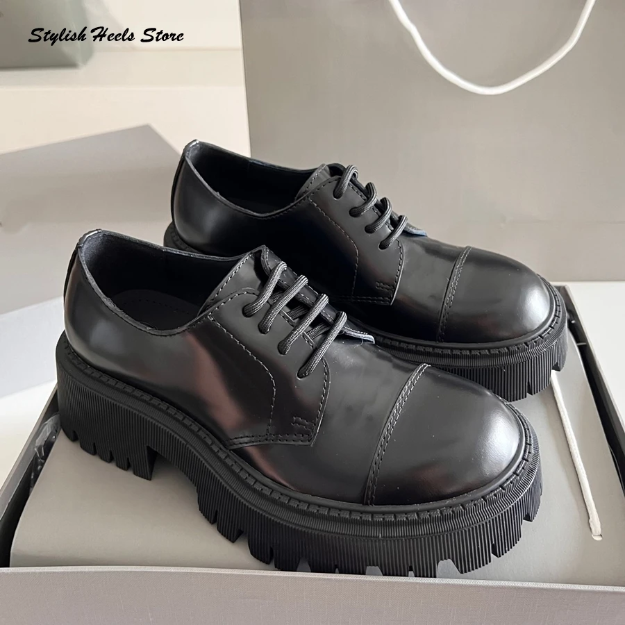 

Stylish Big Round Toe Lace Up Leather Derby Shoes Women Height Increasing Luxury Casual Shoes All Seasons Cool Thick Sole Flats