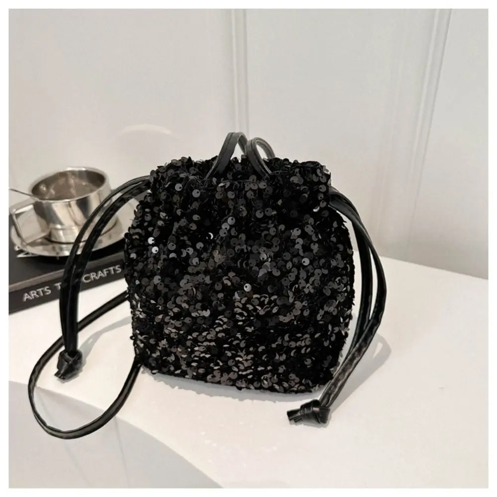 Fashion Versatile Sequin Shoulder Crossbody Bag Trendy Simple Women Small Handbag Drawstring Bucket Bag Party Wallet Purse