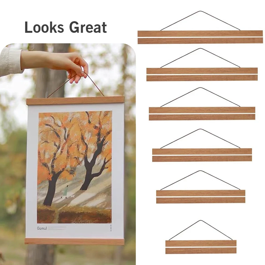 60cm Magnetic Poster Frames Hanger Wooden Hanging Frame Picture Painting Poster Holder Natural Teak Photos Scroll Wall Art Decor