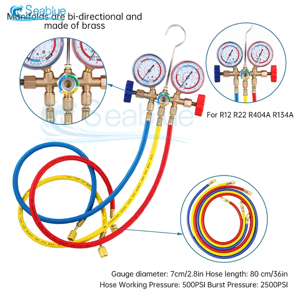 Refrigerant Manifold Gauge Air Condition Refrigeration Set Air Conditioning Tools with Hose and Hook for R12 R22 R404A R134A