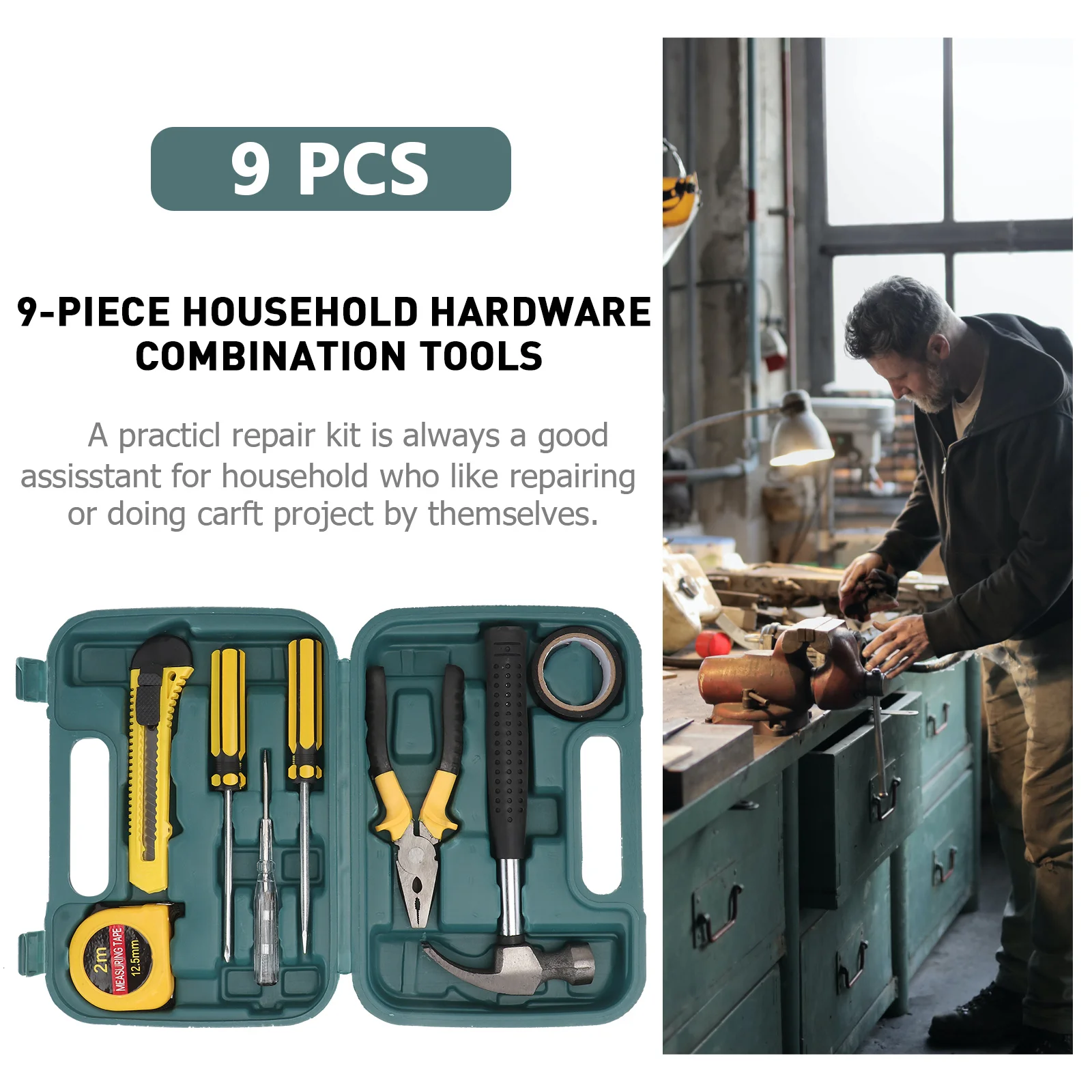 Kit di attrezzi per la casa da 9 pezzi Strumenti di riparazione per la casa Pinze per cacciaviti con impugnatura in gomma resistente Misura di nastro a martello nella robusta custodia