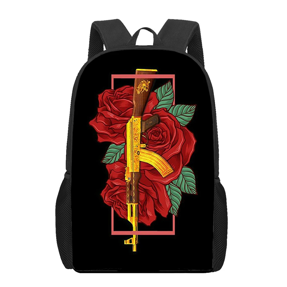 Gun Rifle Pattern Printing School Bag Red Rose Kids Backpack Girls Boys School Bag Teenager BookBag Men Casual Backpacks 16 Inch