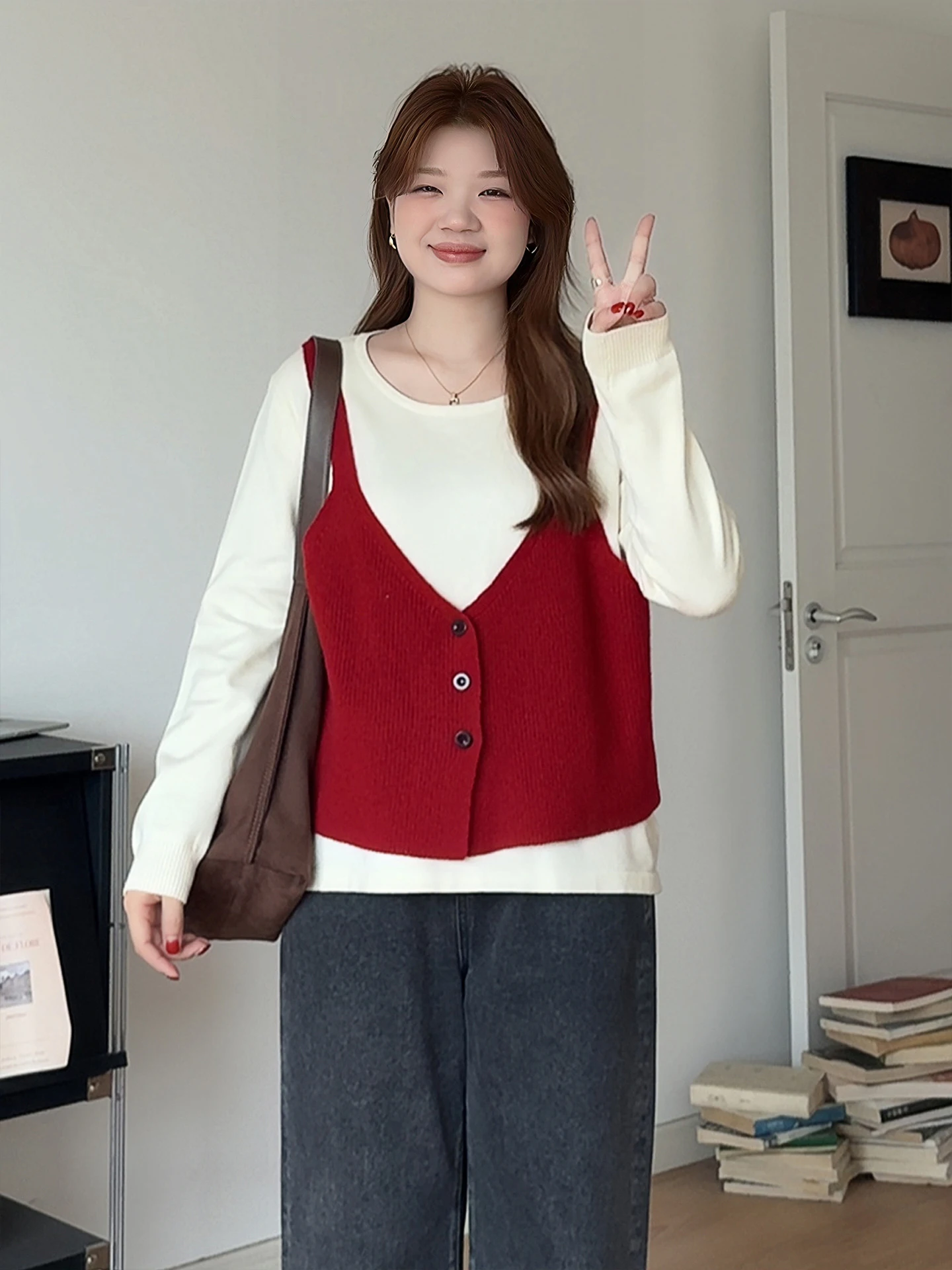

plus Size Knitted Sweater Fake Two-Piece Long Sleeve Casual Style High Waist Breathable Fabric Autumn Winter Fashion for Women