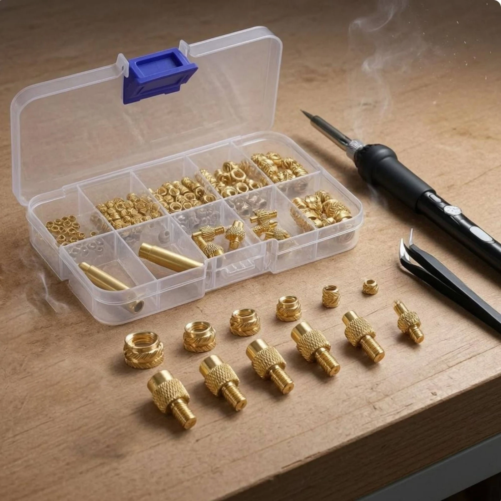 Hot-Melt Nut Insertion Kit Interchangeable Heads Threaded Insert Heat-Set Kit Multi-Size Brass