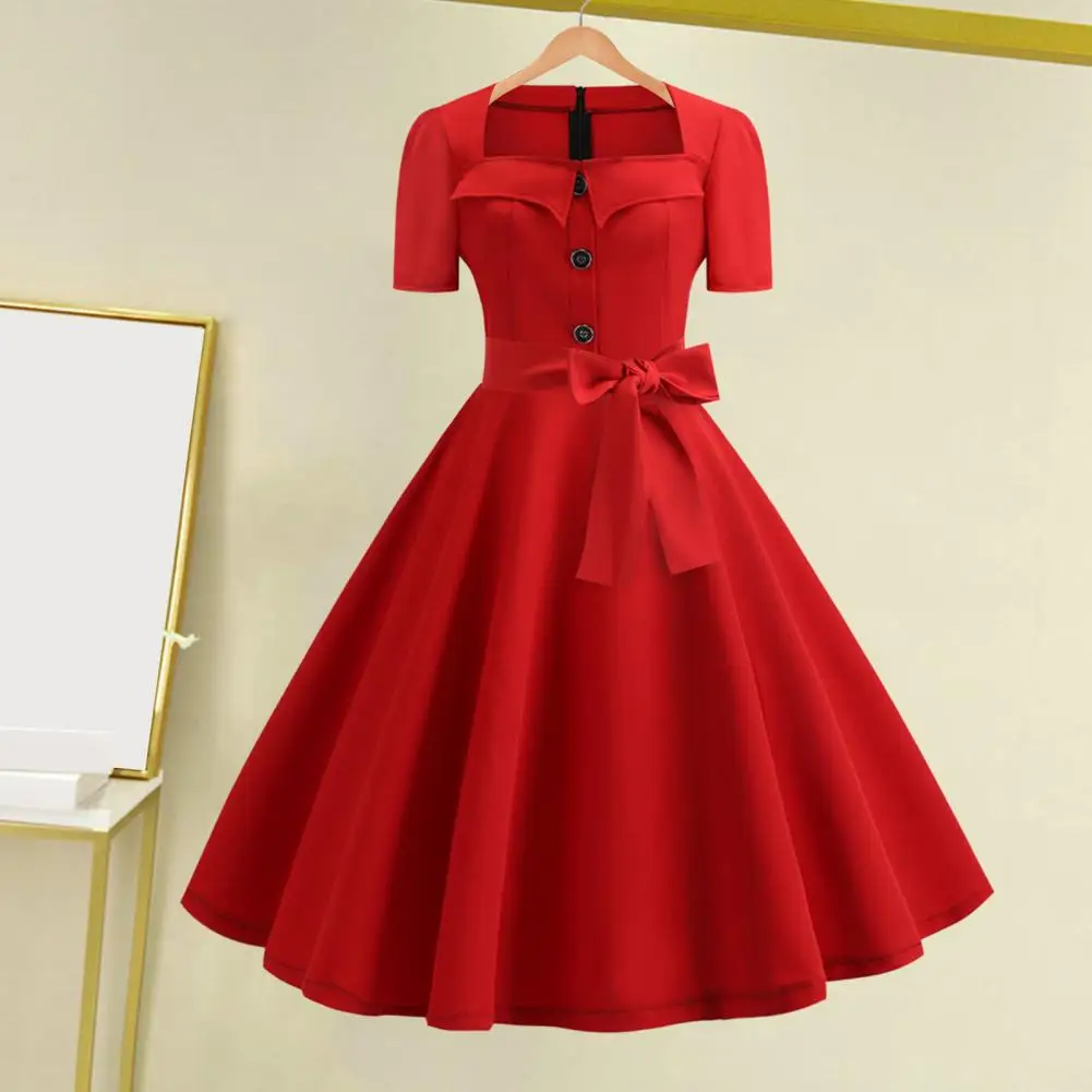 Robe mi-longue trapèze vintage avec col carré pour femme, décor de nœud ceinturé, décor de boutons rétro, imprimé à pois, pin-up, Rhdes années 1950