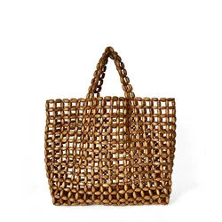 Summer Women's Handwoven Totes Beach Holiday Hollowed-Out Wooden Beaded Bag Fashion Fan Shape Clutch Female Purse And Handbags
