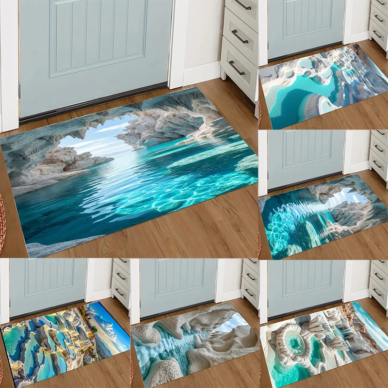 3D Natural Terraced Pool Pattern Door Mat with Turquoise Water and Rock Formed Travertine Terrace Landscape Room Decoration Mat
