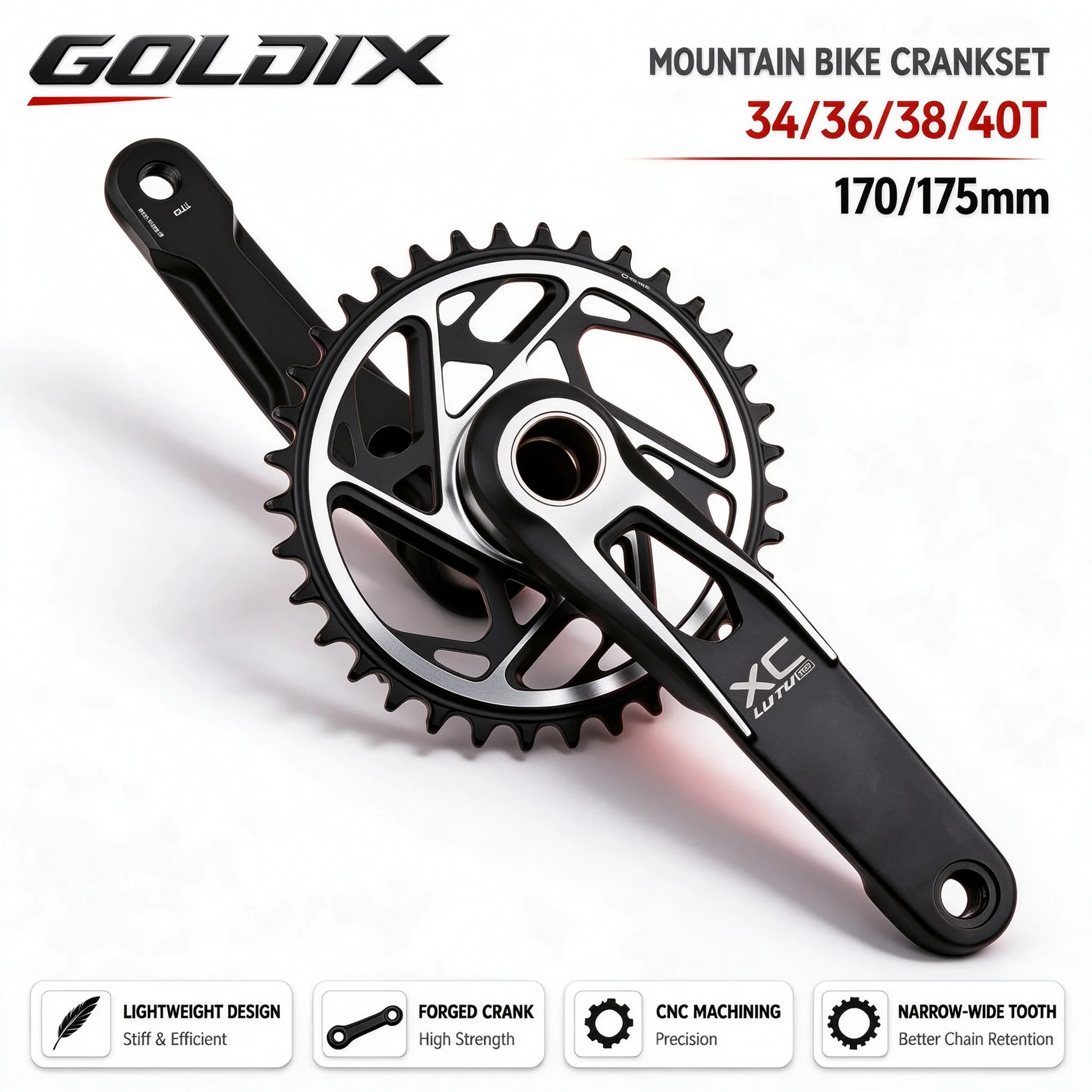 GOLDIX Mountain Bike Crank Chain Wheel Set, Fixed with 3 Screws, Leg Length 170mm/175mm Offset 3 Degrees 30T 32T 34T 36T 38T