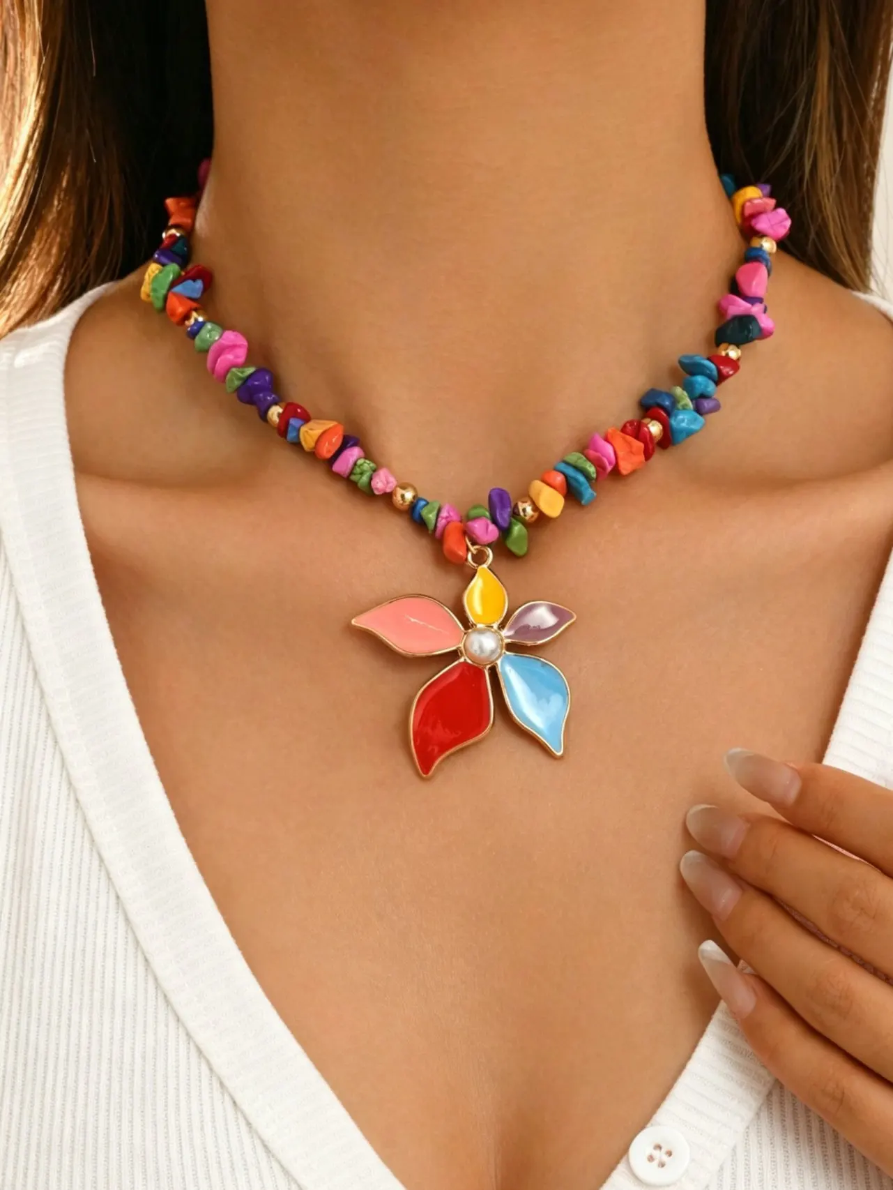 Vintage Layered Choker Necklace Multicolored Chip Stone Beads Enamel Flower Charm Adjustable Boho Women Holiday Neck Ornament