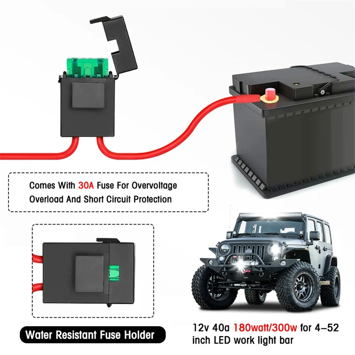 

16 AWG LED Light Bar Wiring Harness Kit - 2 Leads 12V on Off Switch Power Relay Fuse for Off Road Lights Work Light