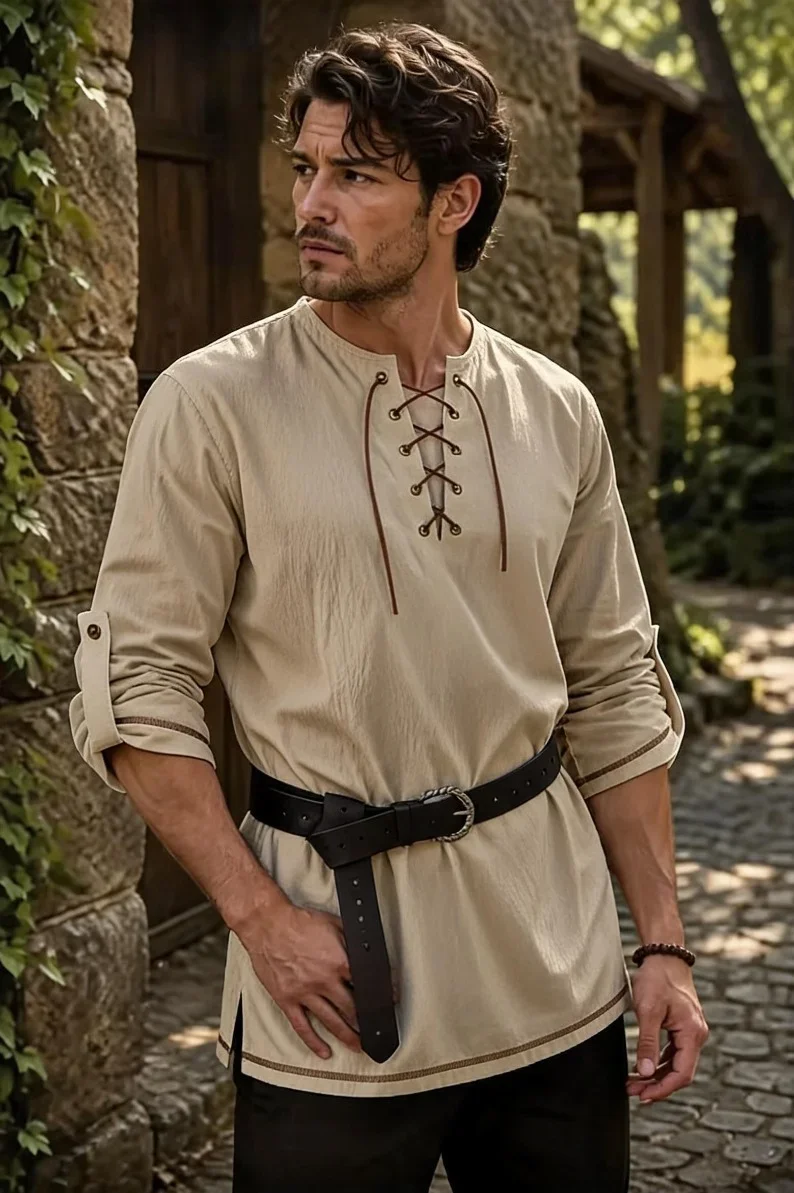 Men Medieval Lace‑Up Stand Collar Long Sleeve Tunic Shirt Renaissance Viking Halloween LARP Cosplay Retro Gothic Tops