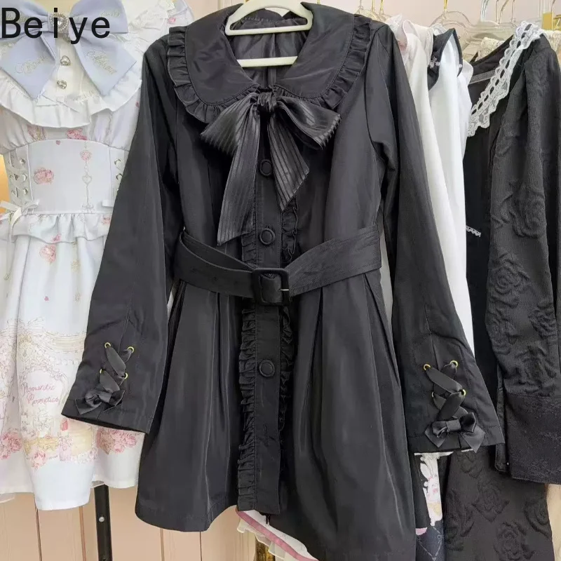 Japanese Sweet Gothic Lolita Coat Female Detachable Cape Ruffle Trim Big Bow with Waist Belt Long Sleeve Trench Outerwear