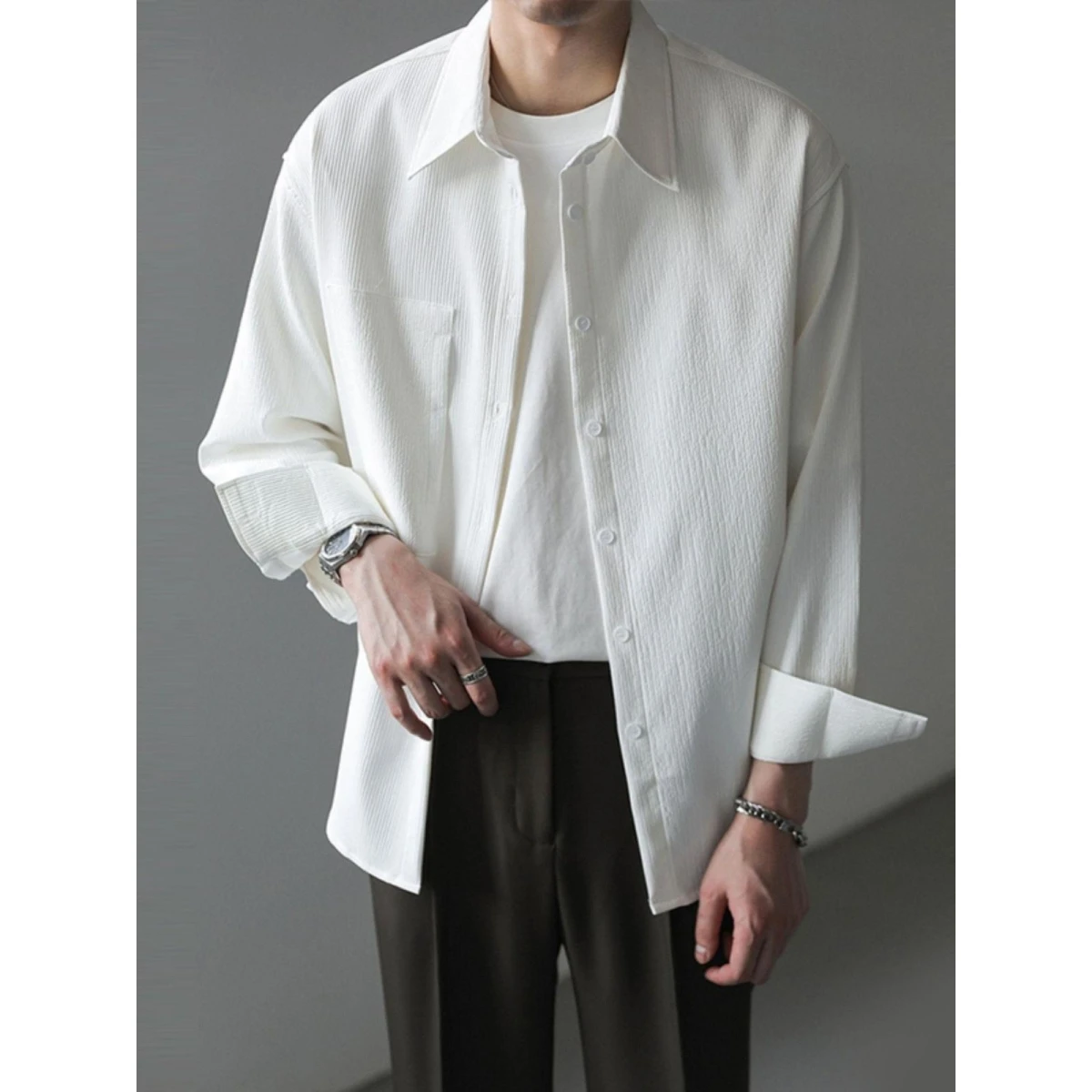 Men's Loose Long Sleeve Shirt Spring Autumn Lightweight Luxury Drapey Trendy  Color Iron Free Shirt Polyester Fiber