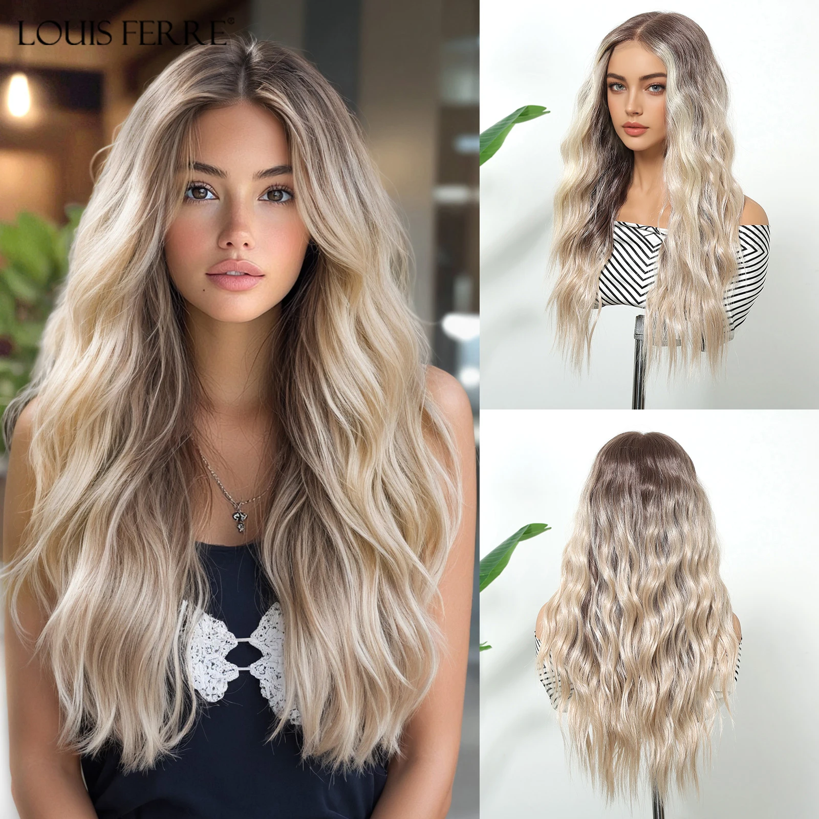 

LOUIS FERRE Brown Roots Ombre Blonde Synthetic Wigs For Women 13*6 Lace Frontal Wig Heat Resistant Body Wave Daily Cosplay Wig