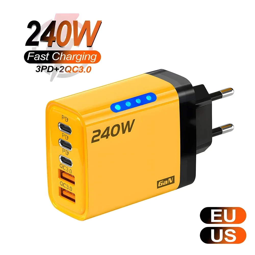 240W 5-in-1 GaN Desktop Charger with 10A USB-C Cable 3PD & 2 USB Ports Fast Charging for iPhone 17/16 Pro Samsung Laptop