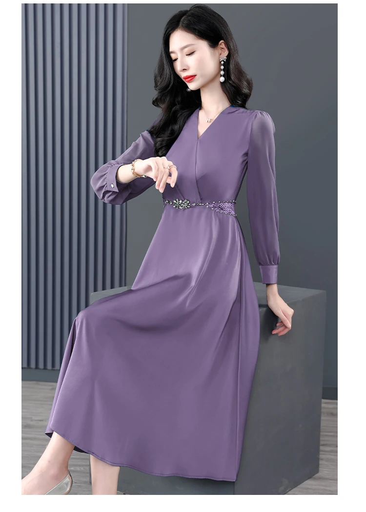 2025 비딩 실크 새틴 시크 미디 드레스 여성용 긴 소매 브이넥 우아한 베스티도스 가을 겨울 한국 패션 럭셔리 드레스