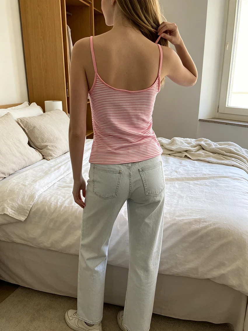Coquette Ladies Thin Striped Sleeveless Camisole Silver Glitter Beard Graphic Ruffle Neck Slim Fitted Daily Soft Basic Tank Tops