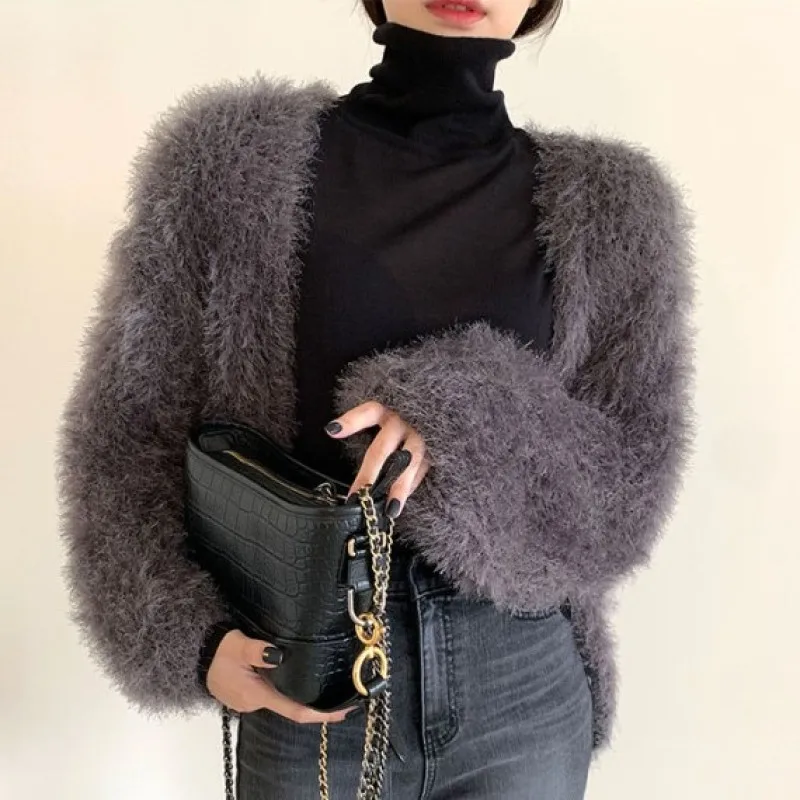 Thick Mink Cashmere Cardigan for Women, Open Stitch Sweaters, Cozy Furry Knitted Tops, Jacket Outerwear, 2023, Autumn and Winter