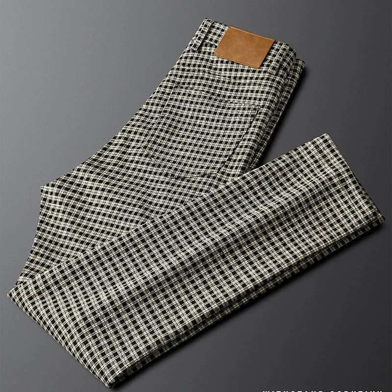 

Легкие роскошные повседневные брюки, мужские облегающие деловые маленькие прямые клетчатые брюки, длинные брюки, толстые пригородные брюки