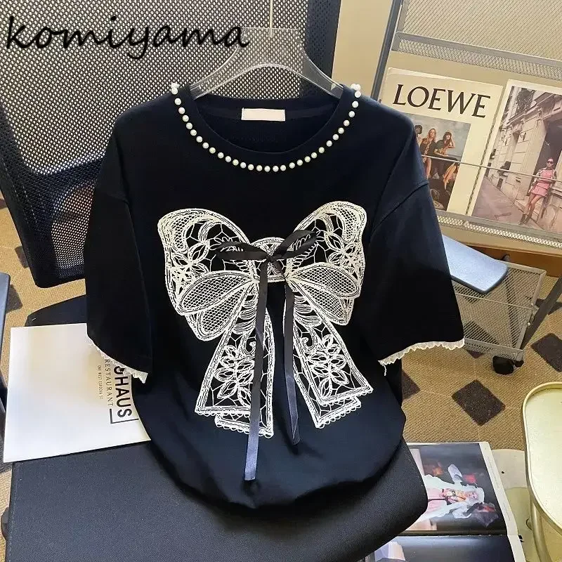 

Кружевной бант с вышивкой Ropa De Mujer, женская одежда с бусинами, одежда с короткими рукавами, летняя свободная модная футболка, милые Camisetas