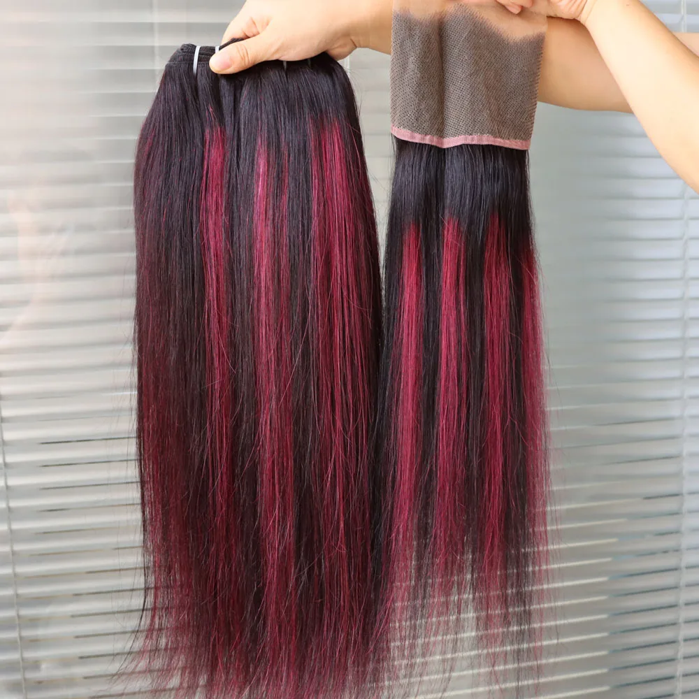 الجملة حزم الشعر البشري مع الدانتيل إغلاق أمامي شفاف 4x4 5x5 13x4 13x6 تسليط الضوء على 1B الأحمر الأرجواني الوردي عذراء الشعر