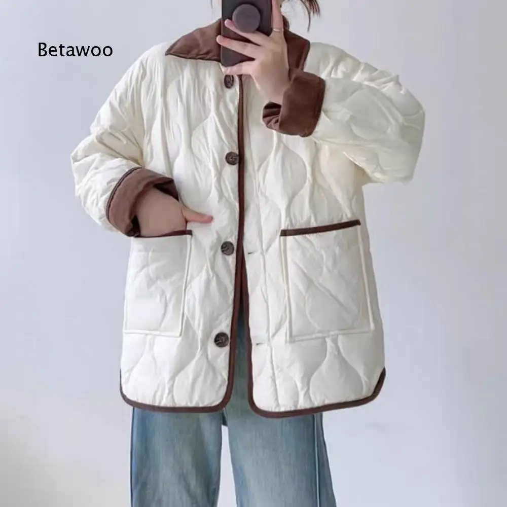 Button Front Contrast Collar Quilted Padded Jacket Women Long Sleeve Loose Fit Warm Outerwear with Patch Pockets for Daily Wear