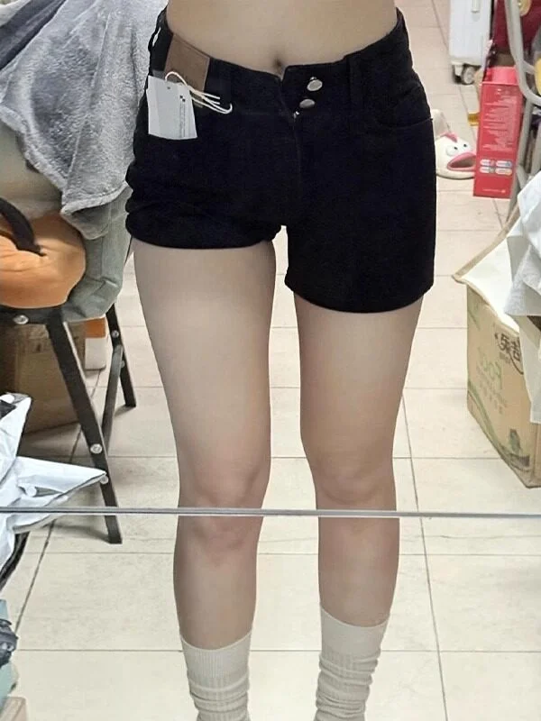 High Waist Black Denim Shorts Women's Summer Thin Design Slimming A-Line Wide Leg Three-Quarter Length Hot Pants Casual Style