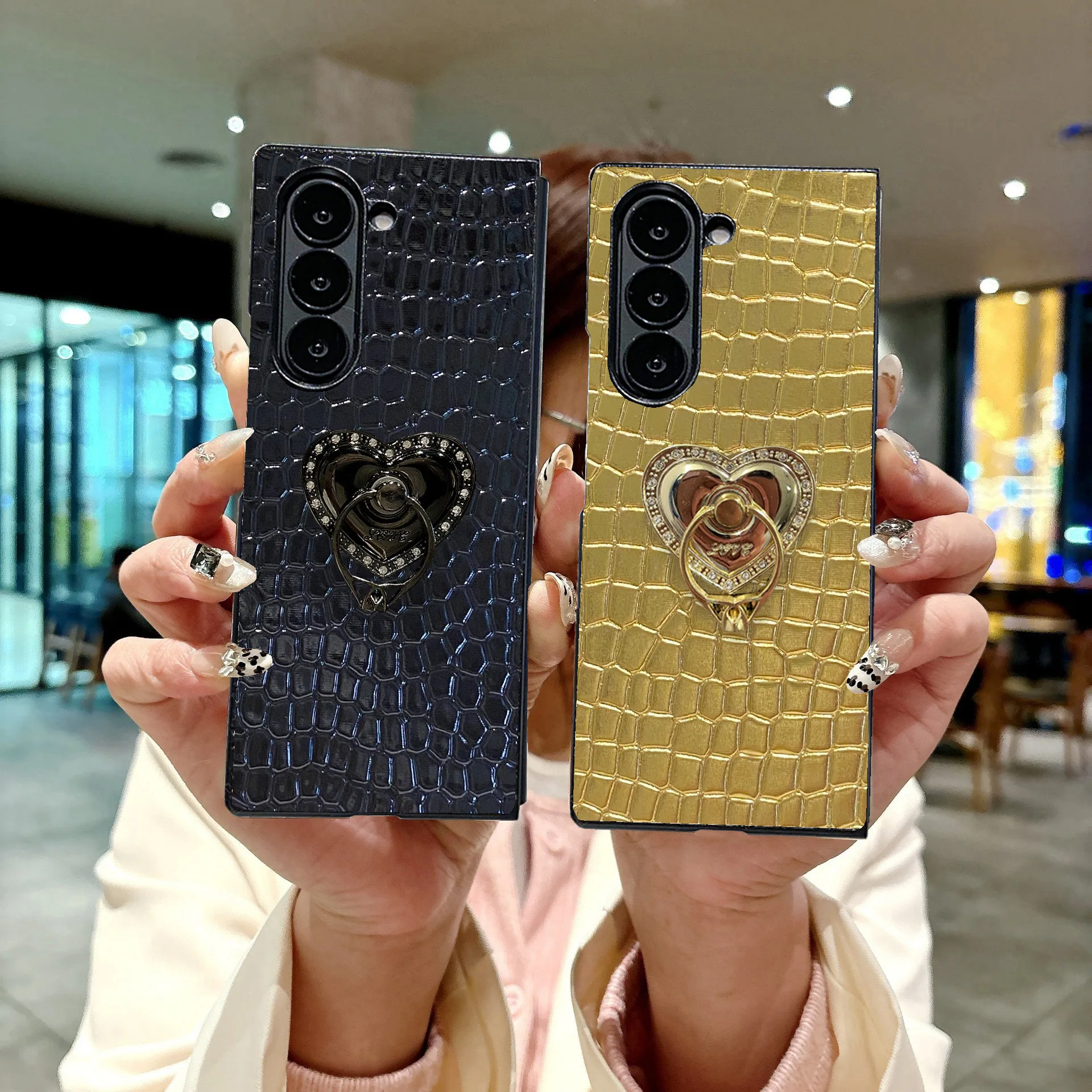 Luxury Crocodile Texture Folding Phone Case For Samsung Galaxy Z Fold 8 6 5 4 3  Fashion Cute Love Heart Holder Hard PC Shell